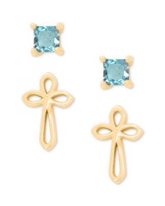 2-Pc. Set Blue Topaz Solitaire (3/8 ct. t.w.) & Cross Stud Earrings in 14k Gold-Plated Sterling Silver