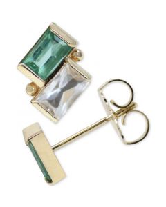 Emerald & White Topaz Two Stone Stud Earrings in 14k Gold