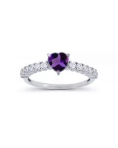 Cubic Zirconia in Sterling Silver Heart Amethyst and Round Ring