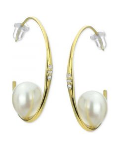 Cultured Freshwater Pearl (9-10mm) & Diamond (1/20 ct. t.w.) Hoop Earrings in 14k Gold