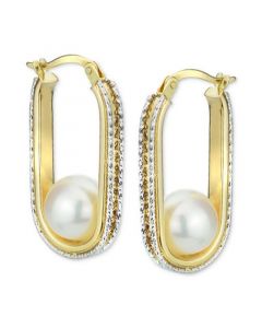 Cultured Freshwater Pearl (8mm) Oval Hoop Earrings in 14k Two-Tone Gold