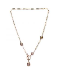 Pink Cultured Freshwater Pearl (10-13mm) Paperclip Link 21" Toggle Necklace in 18k Rose Gold-Plated Sterling Silver