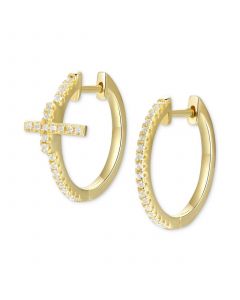 White Topaz Cross Mismatch Small Hoop Earrings (1/5 ct. t.w.) in Gold-Plated Sterling Silver, 0.75"