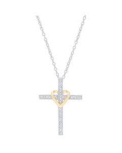 Diamond Cross & Heart 18" Pendant Necklace (1/6 ct. t.w.) in Sterling Silver & 14k Gold-Plate