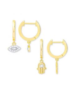 2-Pc. Set Diamond Evil Eye & Hamsa Hand Dangle Hoop Earrings (1/6 ct. t.w.) in 14k Gold-Plated Sterling Silver