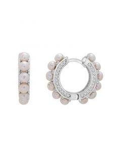 Cultured Freshwater Pearl (3mm) & White Topaz Hoop Earrings in Sterling Silver