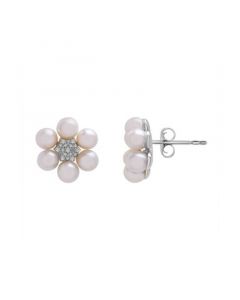 Cultured Freshwater Pearl (4mm) & Diamond (1/20ct. tw.) Flower Earrings in Sterling Silver