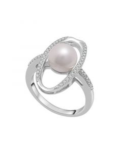 Cultured Freshwater Pearl (8mm) & Diamond (1/10 ct. tw.) Oval Ring in Sterling Silver