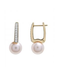 Cultured Freshwater Pearl with Diamond Huggie Earrings in 14K Yellow Gold