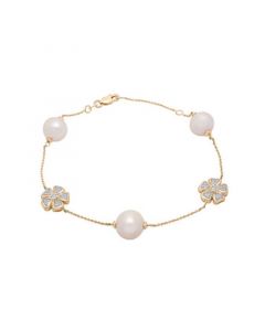 Cultured Freshwater Pearl with Diamond Flower Bracelet in 14K Yellow Gold