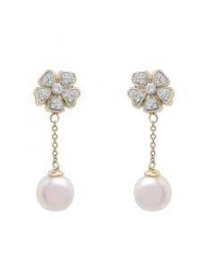 Cultured Freshwater Pearl (7mm) & Diamond (1/10 ct. tw.) Flower Earrings  in 14K Yellow Gold