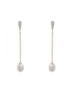 Cultured Freshwater Pearl (8x6mm) Long Earrings in 14K Yellow Gold