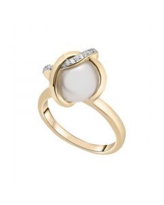 Cultured Freshwater Pearl (10mm) & Diamond (1/20 ct. tw.) Crossed Ring 14K in Yellow Gold