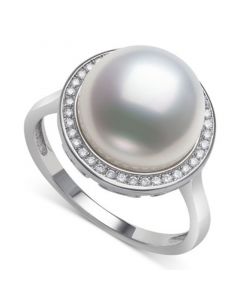 Cultured Freshwater Button Pearl (11mm) & Cubic Zirconia Halo Ring in Sterling Silver