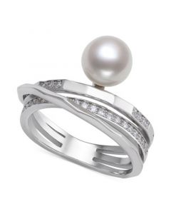 Cultured Freshwater Button Pearl (7mm) & Cubic Zirconia Multirow Statement Ring in Sterling Silver