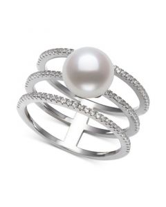 Cultured Freshwater Button Pearl (8mm) & Cubic Zirconia Triple Row Statement Ring in Sterling Silver