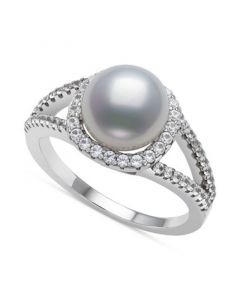 Cultured Freshwater Button Pearl (8mm) & Cubic Zirconia Statement Ring