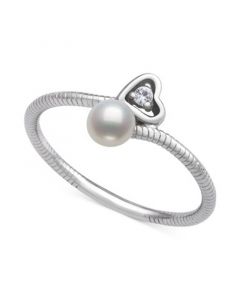 Cultured Freshwater Button Pearl (4mm) & Lab-Created White Sapphire (1/20 ct. t.w.) Heart Bypass Ring