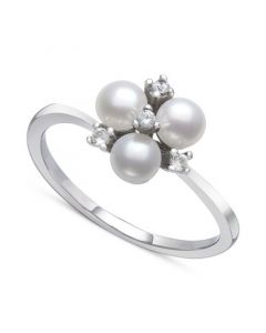 Cultured Freshwater Button Pearl (4mm) & Lab-Created White Sapphire (1/10 ct. t.w.) Trillium Ring in Sterling Silver