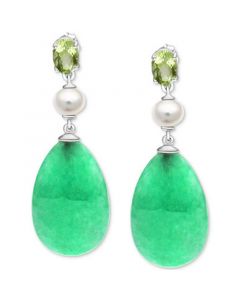 Dyed Green Jade, Cultured Freshwater Pearls (5mm) & Peridot (1-5/8 ct. t.w.) Drop Earrings in Sterling Silver