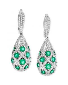 Emerald (2-1/4 ct. t.w.) & Diamond (1-1/10 ct. t.w.) Basket-Weave Look Drop Earrings in 14k White Gold