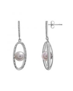 Cultured Freshwater Pearl (7mm) & Diamond (1/10 ct. tw.) Oval Earrings in Sterling Silver