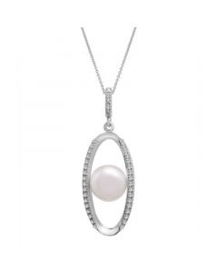 Cultured Freshwater Pearl (8mm) & Diamond (1/10 ct. tw.) Oval Pendant in Sterling Silver