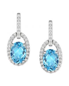 Blue Topaz (1-7/8 ct. t.w.) & Diamond (1/5 ct. t.w.) Halo Drop Earrings in 14k White Gold