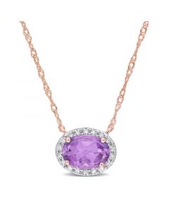 10K Rose Gold Plated Amethyst and Diamond Oval Halo Necklace