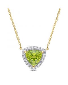 10K Yellow Gold Plated Peridot and White Topaz Trillion Halo Necklace