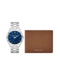 Men's Slim Runway Three-Hand Silver-Tone Stainless Steel Bracelet Watch 44mm and Luggage Saffiano Leather Wallet Set