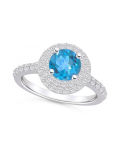 Blue Topaz and Diamond Accent Halo Ring in 14K White Gold