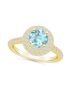 Aquamarine and Diamond Accent Halo Ring in 14K Yellow Gold