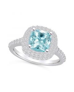 Aquamarine and Diamond Accent Halo Ring in 14K White Gold