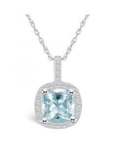 Aquamarine (2 Ct. T.W.) and Diamond (1/4 Ct. T.W.) Halo Pendant Necklace in 14K White Gold