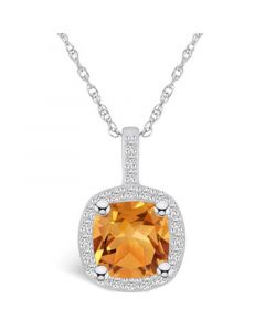 Citrine (2 Ct. T.W.) and Diamond (1/4 Ct. T.W.) Halo Pendant Necklace in 14K White Gold