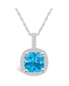 Blue Topaz (2-3/4 Ct. T.W.) and Diamond (1/4 Ct. T.W.) Halo Pendant Necklace in 14K White Gold