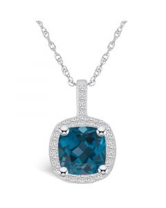 London Blue Topaz (2-3/4 Ct. T.W.) and Diamond (1/4 Ct. T.W.) Halo Pendant Necklace in 14K White Gold