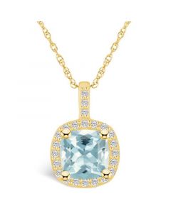 Aquamarine (2 Ct. T.W.) and Diamond (1/4 Ct. T.W.) Halo Pendant Necklace in 14K Yellow Gold