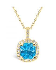 Blue Topaz (2-3/4 Ct. T.W.) and Diamond (1/4 Ct. T.W.) Halo Pendant Necklace in 14K Yellow Gold