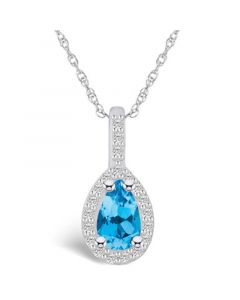 Blue Topaz (1 Ct. T.W.) and Diamond (1/5 Ct. T.W.) Halo Pendant Necklace in 14K White Gold