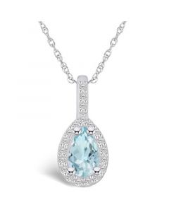 Aquamarine (3/4 Ct. T.W.) and Diamond (1/5 Ct. T.W.) Halo Pendant Necklace in 14K White Gold