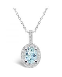 Aquamarine (1-1/7 Ct. T.W.) and Diamond (1/4 Ct. T.W.) Halo Pendant Necklace in 14K White Gold