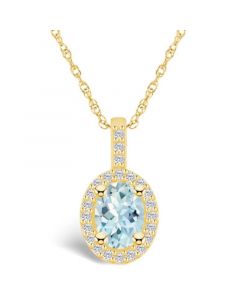 Aquamarine (1-1/7 Ct. T.W.) and Diamond (1/4 Ct. T.W.) Halo Pendant Necklace in 14K Yellow Gold