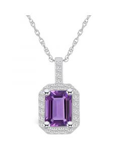 Amethyst (1-5/8 Ct. T.W.) and Diamond (1/4 Ct. T.W.) Halo Pendant Necklace in 14K White Gold