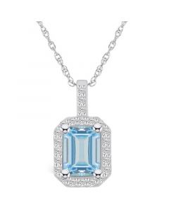 Aquamarine (1-3/8 Ct. T.W.) and Diamond (1/4 Ct. T.W.) Halo Pendant Necklace in 14K White Gold