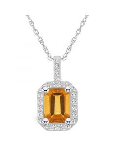 Citrine (1-5/8 Ct. T.W.) and Diamond (1/4 Ct. T.W.) Halo Pendant Necklace in 14K White Gold