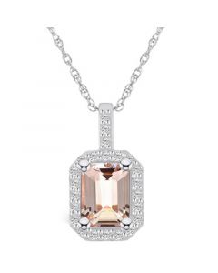 Morganite (1-3/8 Ct. T.W.) and Diamond (1/4 Ct. T.W.) Halo Pendant Necklace in 14K White Gold