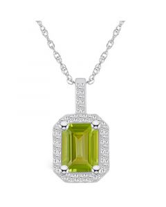 Peridot (1-3/4 Ct. T.W.) and Diamond (1/4 Ct. T.W.) Halo Pendant Necklace in 14K White Gold