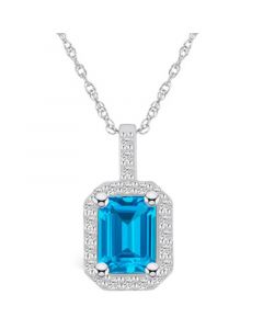 Blue Topaz (2 Ct. T.W.) and Diamond (1/4 Ct. T.W.) Halo Pendant Necklace in 14K White Gold